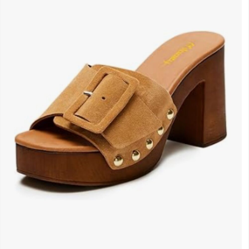 Milooey Chocolate Open Toe Studded Platform Mules Chunkly Heel Slippers Shoes